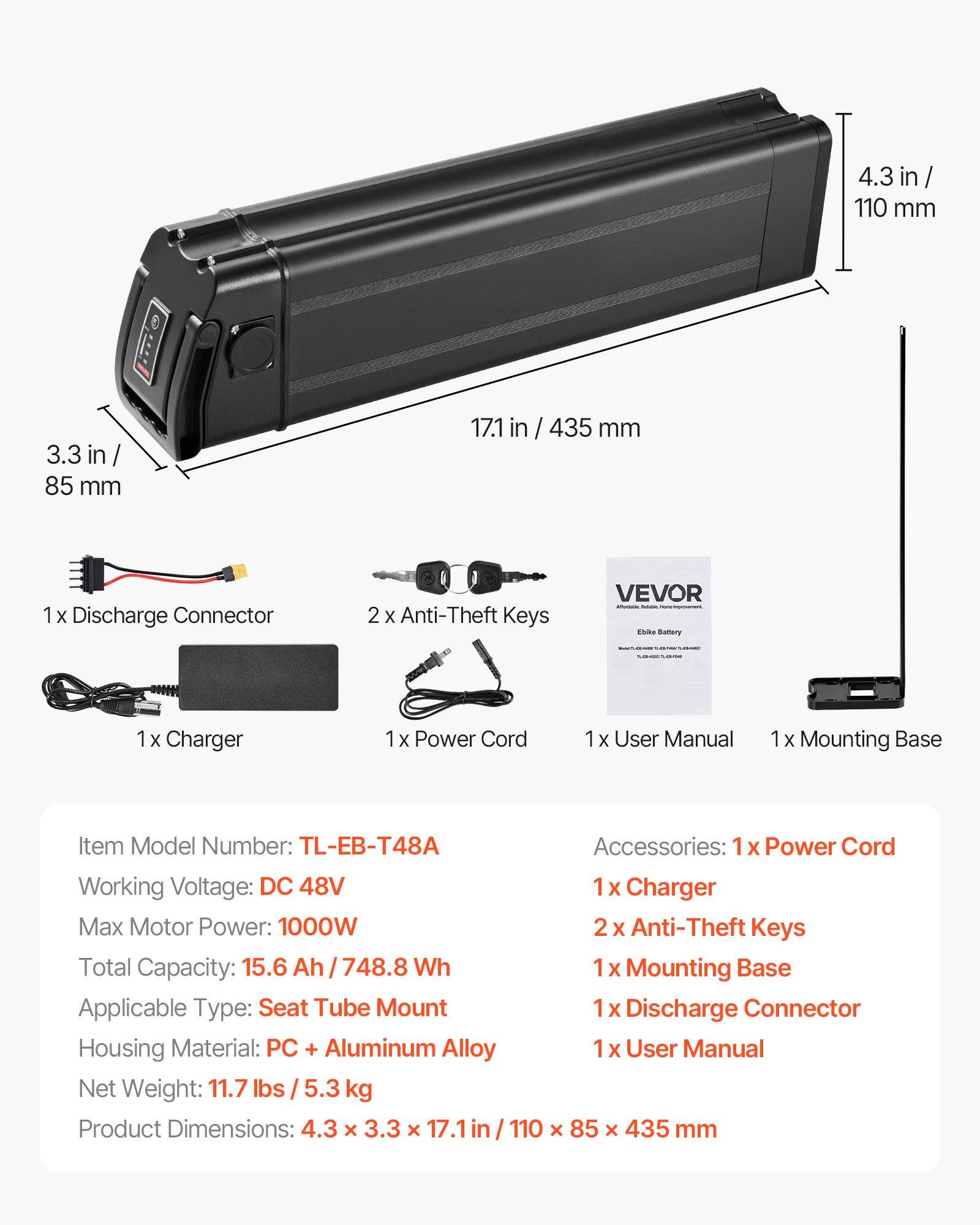 VEVOR Ebike Battery, 48V 15.6Ah Electric Bike Lithium Battery Pack with BMS, 3A Charger and Lock for 1000W E-Bike Motor, Detachable Electric Bicycle Replacement Kit with Indicator & Discharge Socket