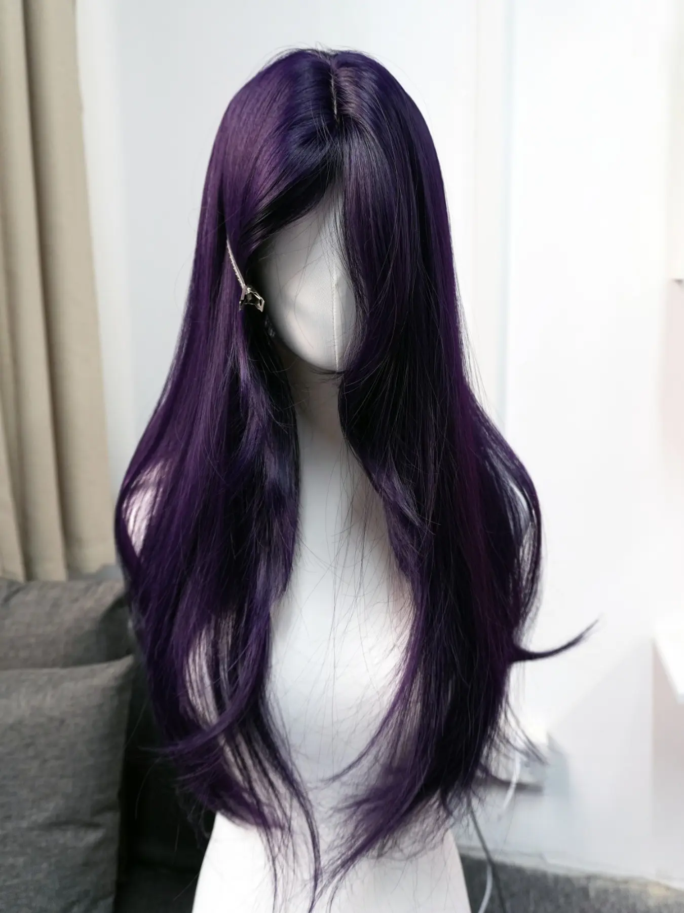 Deep Purple Wig for Women, American Sweet Bean Long Straight Hair, Natural Daily Wear, Full Head Cap, Synthetic Fiber, All Seasons, Versatile Stylish Wig