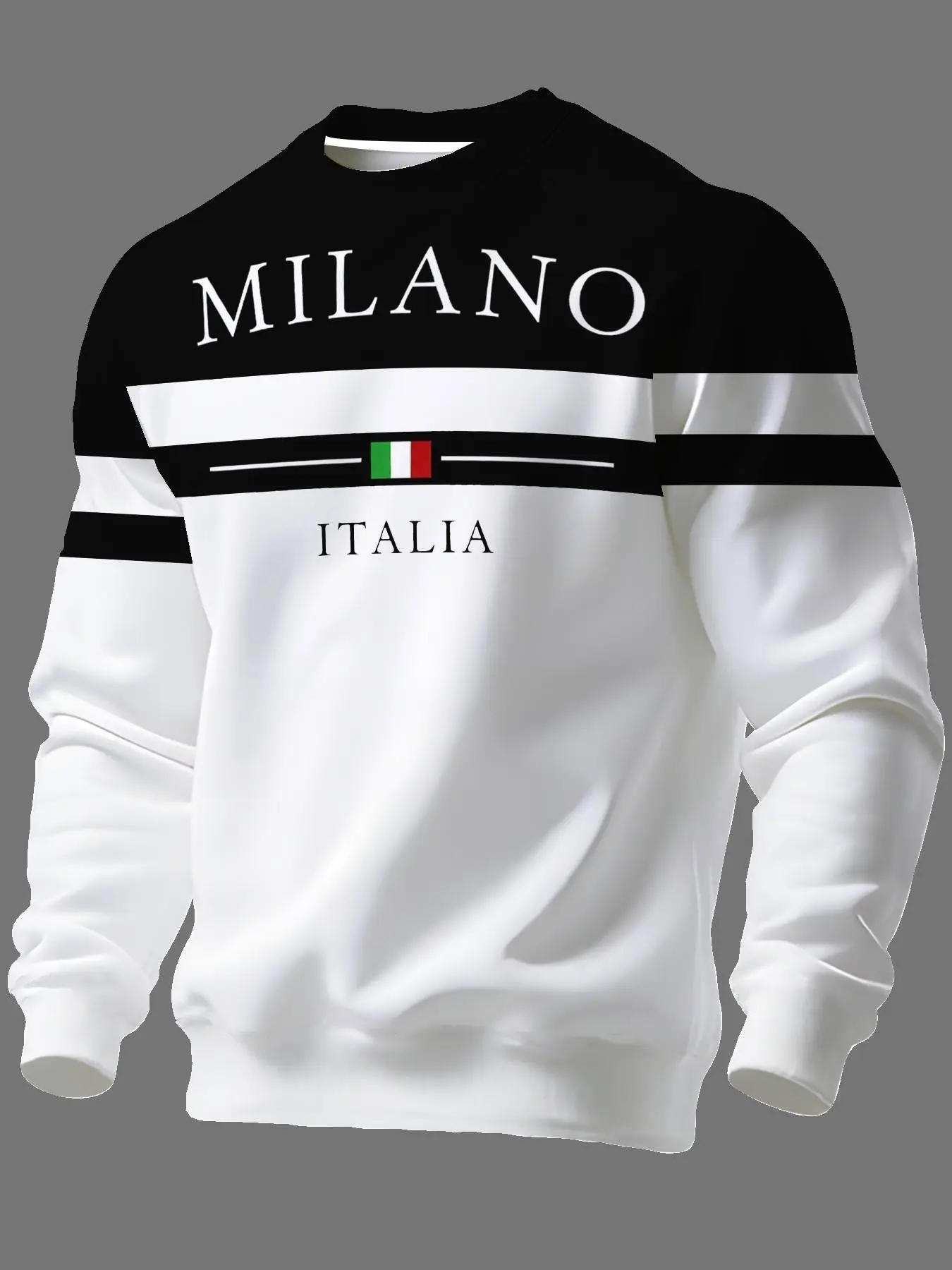 Vintage Urban Style Italian Theme Letter Print Sweatshirt, Men's Colorblock Striped Round Neck Long Sleeve Top, Casual Fitted Pullover