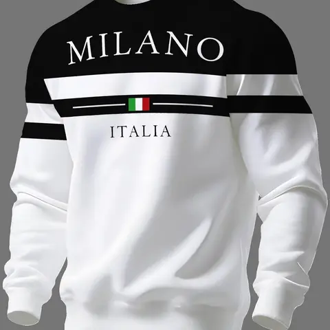 Vintage Urban Style Italian Theme Letter Print Sweatshirt, Fashionable Sweatshirts, Men's Colorblock Striped Round Neck Long Sleeve Top, Casual Fitted Pullover
