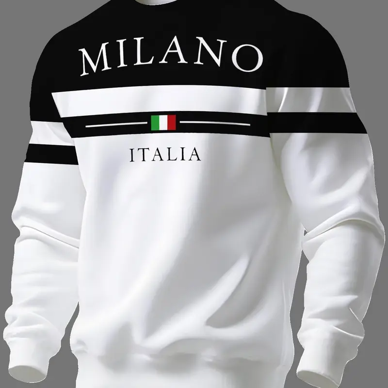 Vintage Urban Style Italian Theme Letter Print Sweatshirt, Fashionable Sweatshirts, Men's Colorblock Striped Round Neck Long Sleeve Top, Casual Fitted Pullover