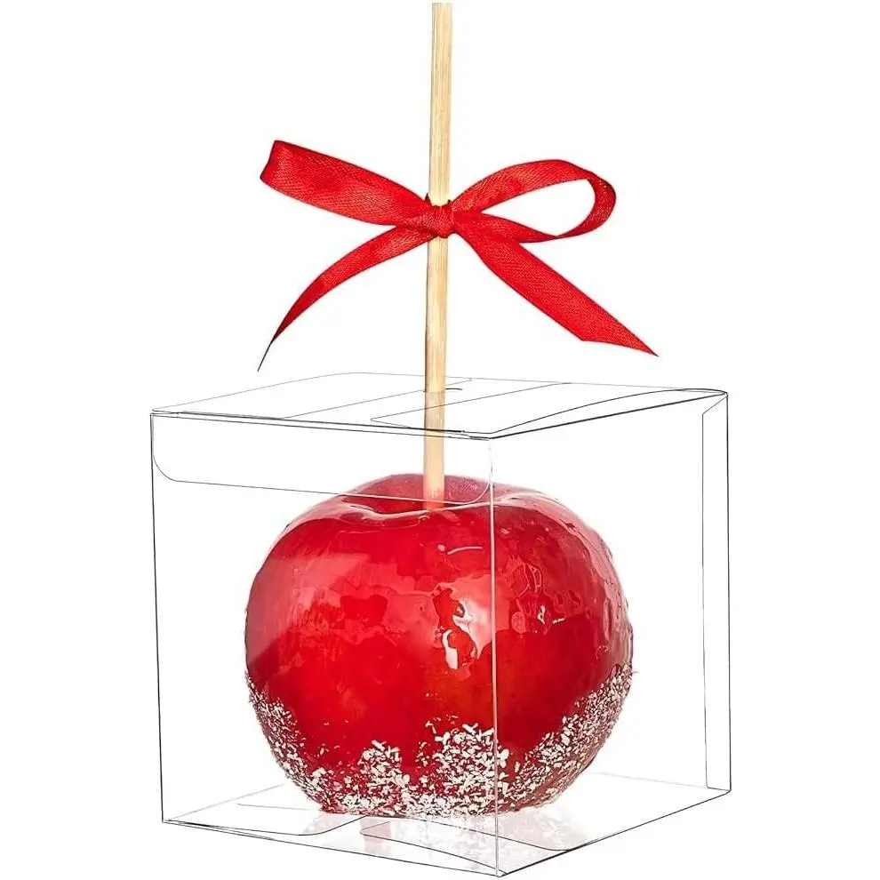 4x4x4 Inches Candy Apple Boxes with Hole, 30 Pack Food Grade Transparent Plastic Favor Boxes with Red Ribbons for Standard and Large Caramel Apples, Chocolates, Treats