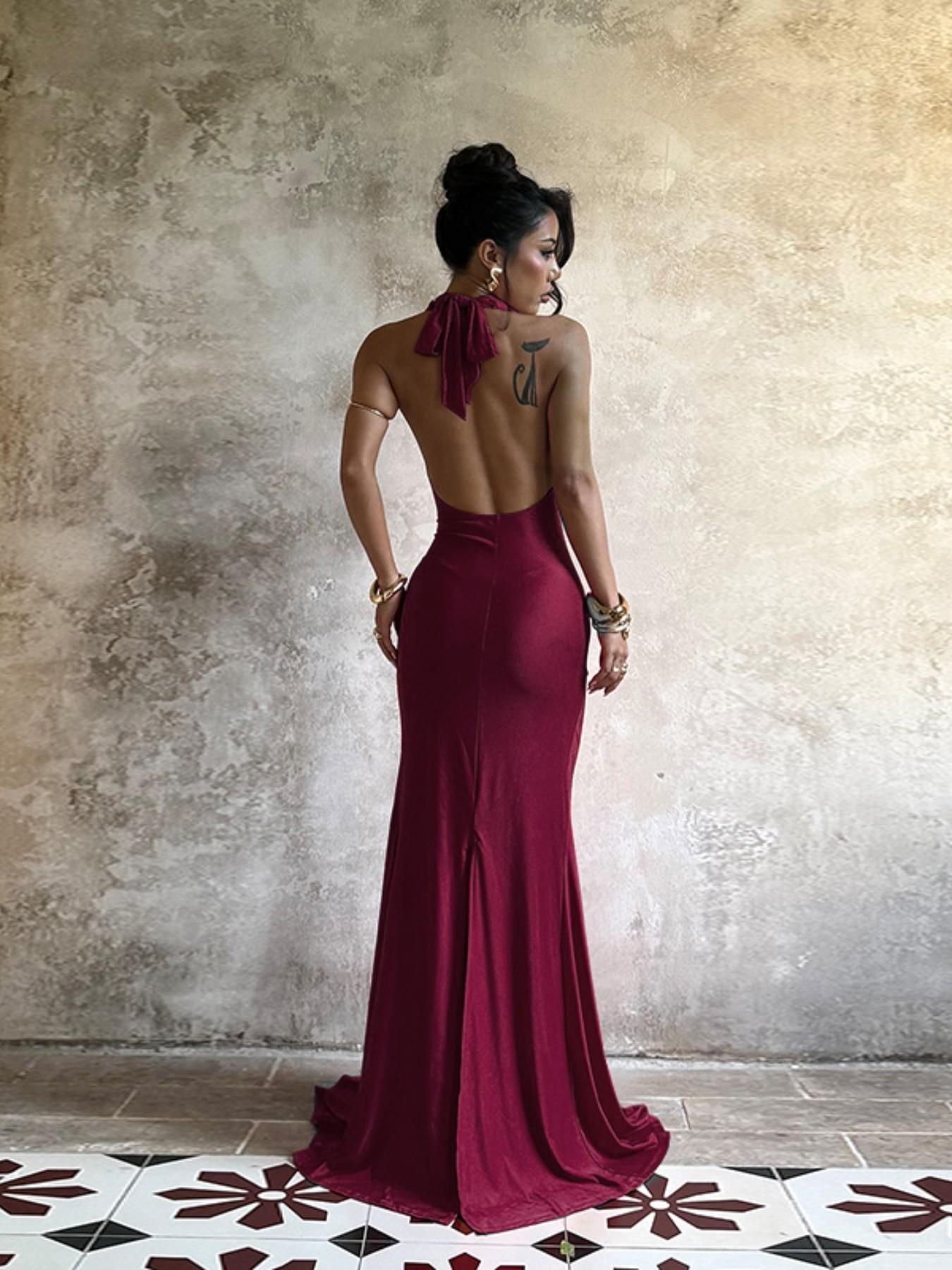 Elegant Halter Neck Stand Collar Dress, Backless Design, Perfect for Special Occasions, Evening Wear & Formal Wear, Stylish Women's Gown