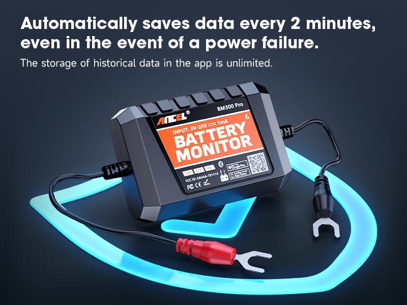 ANCEL BM300 Pro 6V 12V 24V Battery Monitor - Bluetooth 5.3 Battery Monitor with Charging, Cranking System Test & Alarm - IP67 Waterproof Voltmeter for Trucks, Cars, Motorcycles, Boats