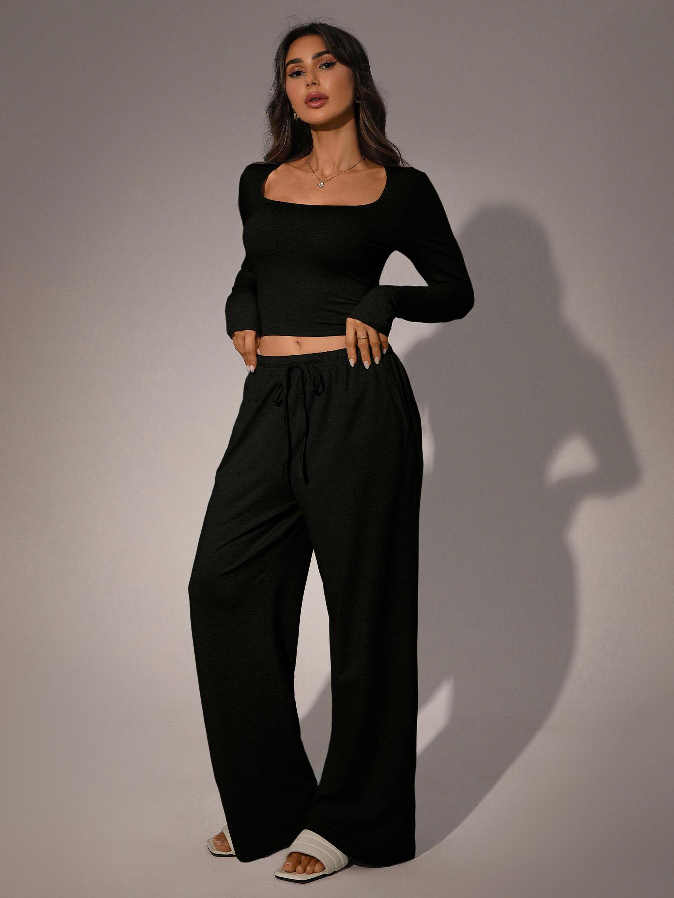 Women's Long Sleeve Square Neck Loungewear Set, Casual Loose Fit Home Wear, All Seasons Soft Comfortable Fabric, 2026 New Arrival