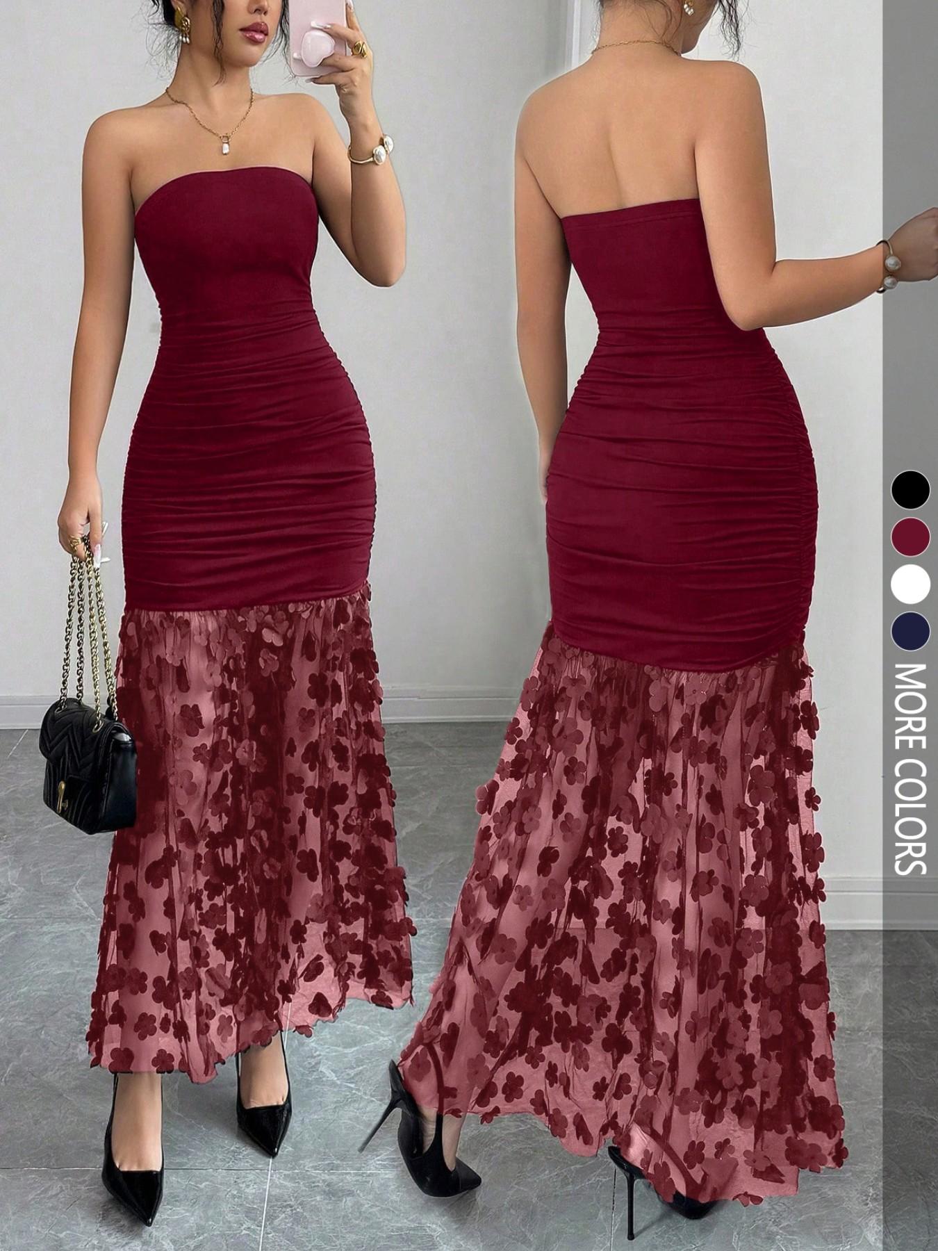 Strapless Solid Color Floral Sheer Slimming Evening Party Wear Gown, Sexy Sheer Mesh Hem Bodycon Dress for Women