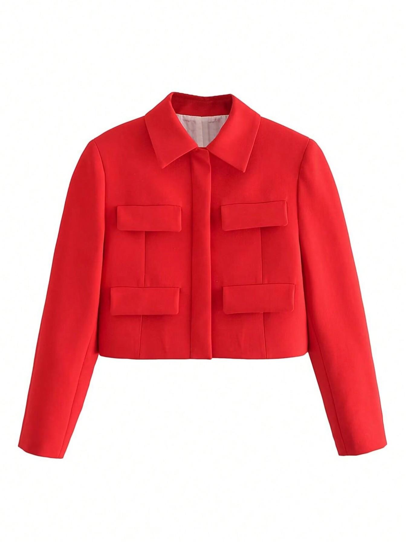 Women's Spring Fall Retro Multi-Pocket Short Work Jacket Coats, Collared Structured Smooth Woven Fabric Stand Collar Long Sleeve, Casual Outerwear Everyday