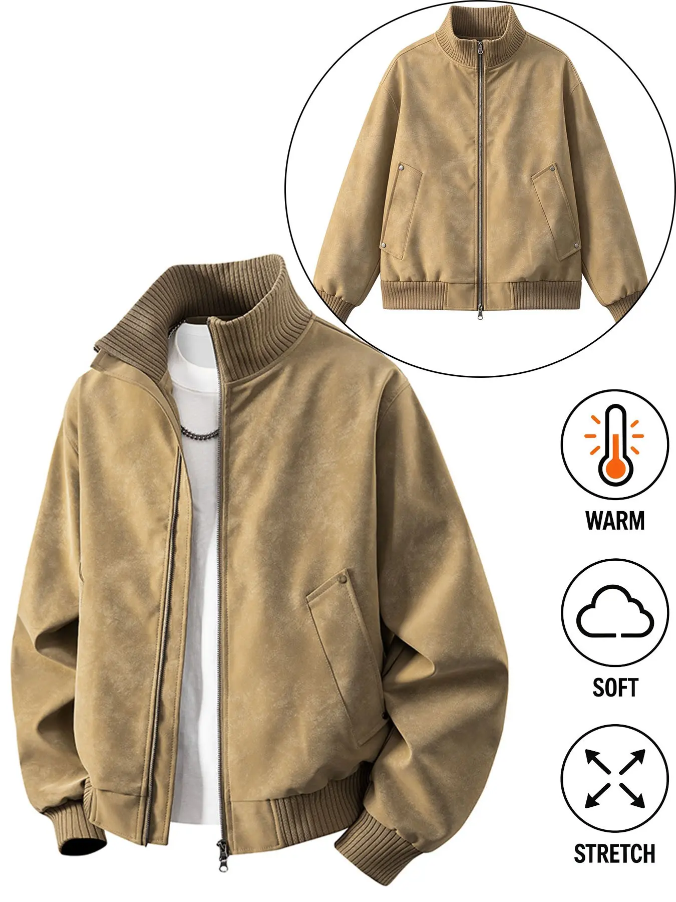 Men's Vintage Faux Suede Baseball Jacket, Ribbed Stand Collar Zipper Casual Coat, Long Sleeve Pocketed Plain Outerwear, Soft Stretch Fall Winter Warm Jacket