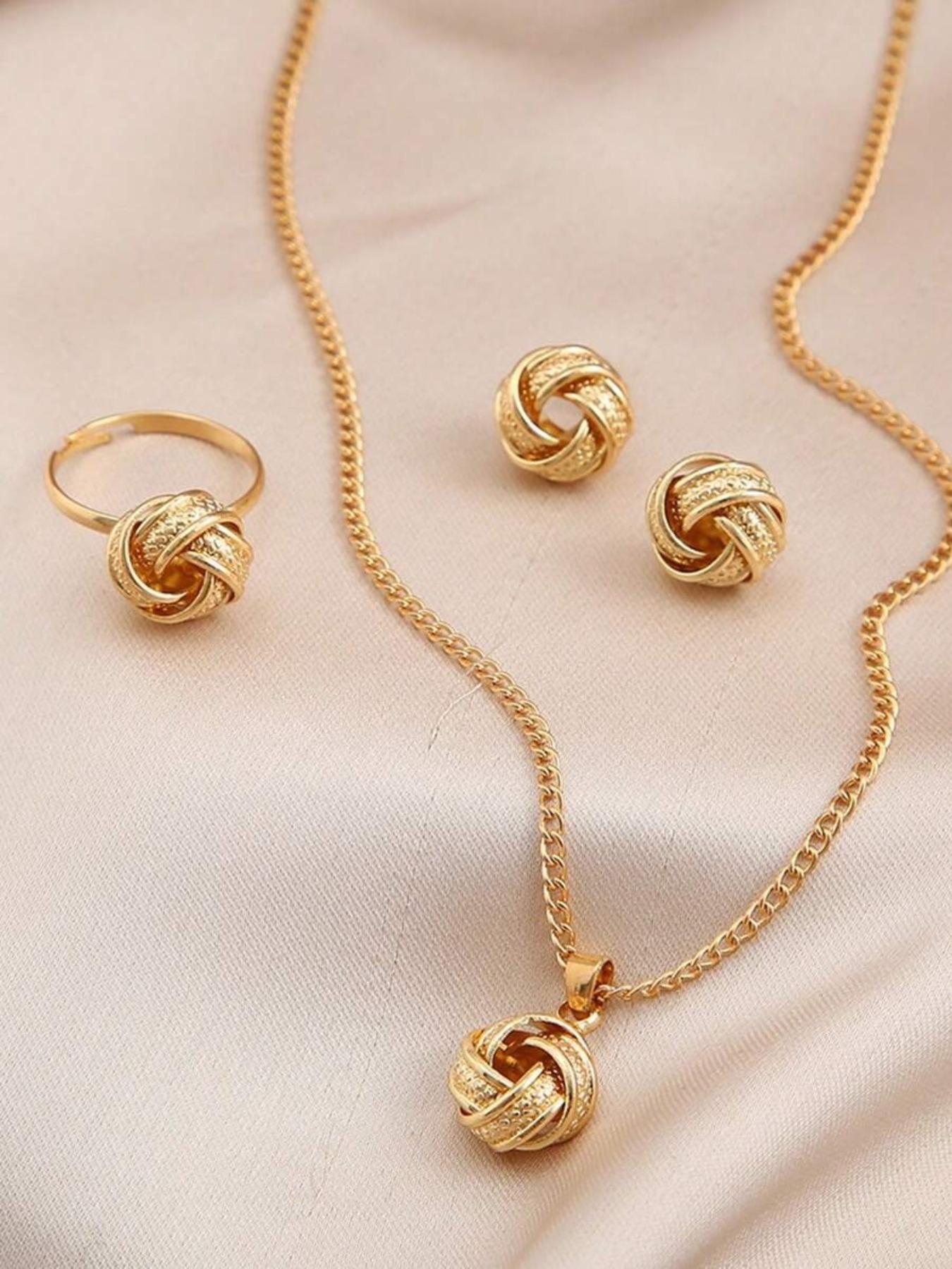 3 Piece Set Braided Spiral Knot Ring Earring Necklace Jewelry, Unique Women's Evening Party Jewelry Set, Stylish Accessories