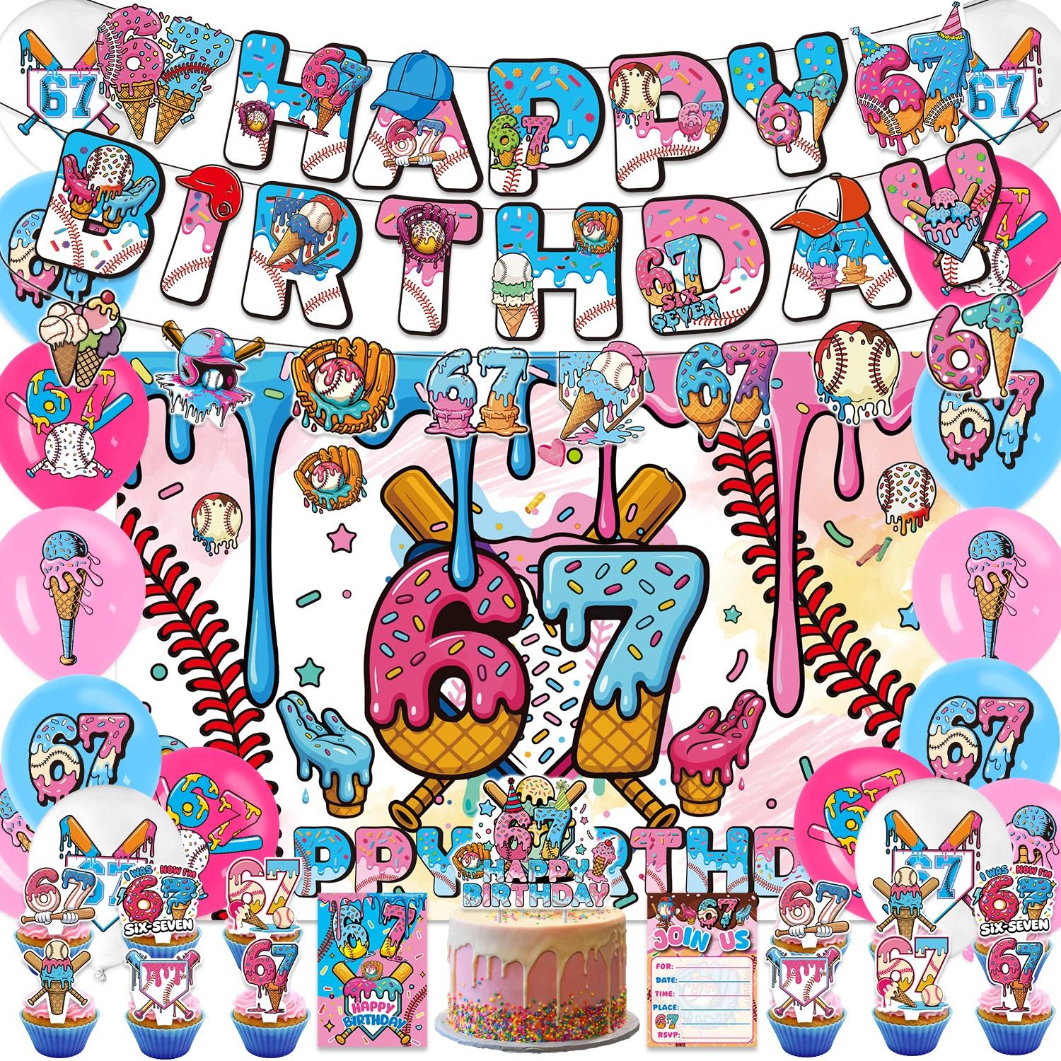 42-Piece Baseball Ice Cream Theme Birthday Party Decoration Set, Includes Banner, Cake Topper, Balloons, Backdrop, Invitation Cards