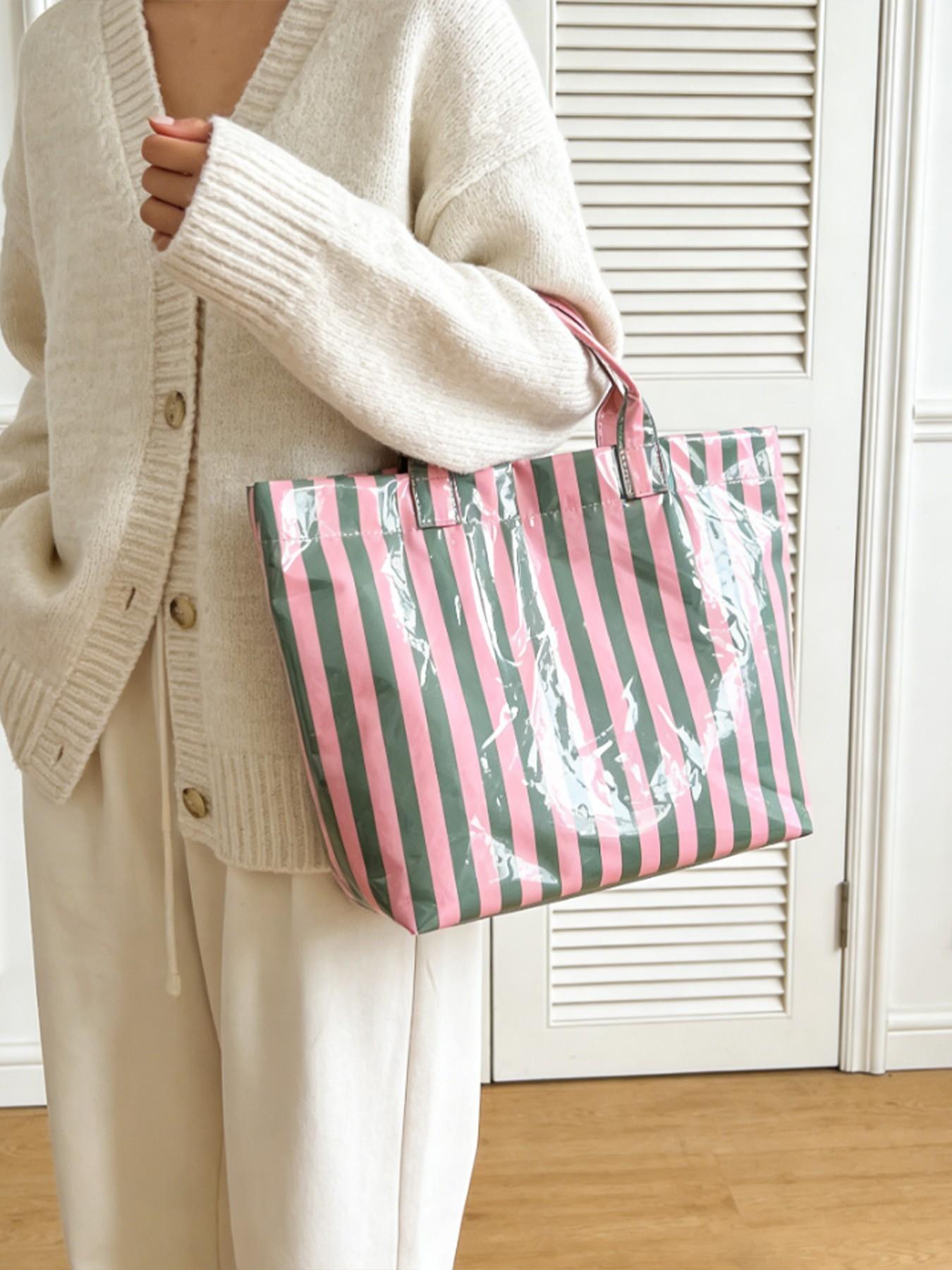 2026 New Striped Handbag Tote Bag, Large Capacity Shopping Bag, PVC Waterproof Fabric, Velcro Closure, Ideal for Daily Commute, Beach Vacation, Travel