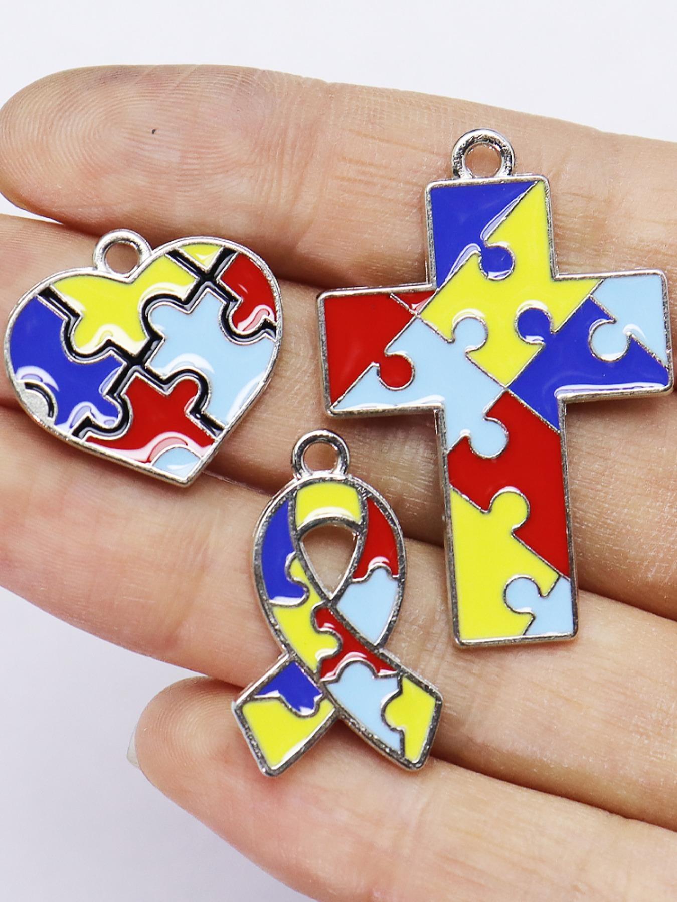 5-Piece Autism Awareness Puzzle Charm Set, Enamel Heart Cross Ribbon Pendant, DIY Jewelry Making, Colorful Accessories, DIY Jewelry Decoration