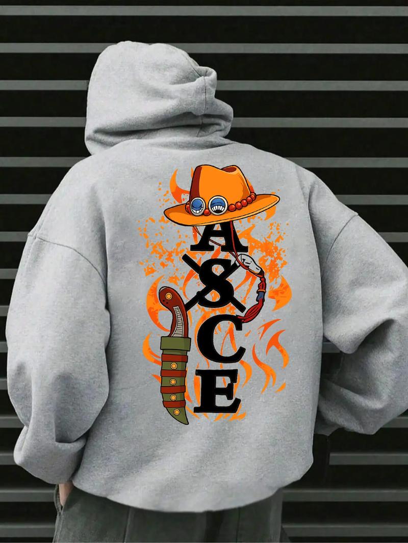 One Piece Anime Graphic Oversized Streetwear Hoodie for Men, Comfortable Casual Pullover with Flame Print for Otaku & Street Fashion Enthusiasts