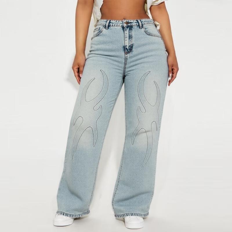 Elengatine Embossed Flame Pattern Denim Jeans for Women Light Wash Finish Loose Wide Leg Silhouette Elasticized Waistband for Comfort Unique Textured Design Y2K Streetwear Inspired Perfect for Casual Outfits Stand Out Fashion Piece Pants Bottom Elengatine Embossed Flame Pattern Denim Jeans for Women Light Wash Finish Loose Wide Leg Silhouette Elasticized Waistband for Comfort Unique Textured Design Y2K Streetwear Inspired Perfect for Casual Outfits Stand Out Fashion Piece Pants Bottom