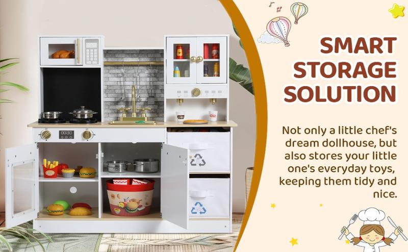 Wooden Pretend Kids Play Kitchen, Toodler Cooking Playset, Stove w/Light & Sound, Sink, Microwave, 2 Fabric Boxs, Dishwasher