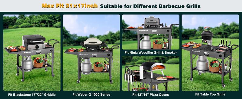 Outdoor Grill Table, Blackstone Griddle Stand, 440lbs Folding Grill Cart, Pizza Oven Table Stand for Onni,Food Prep Table with Wheels for Outdoor BBQ Camp Ninja Woodfire Grill Stand, 31" W x 17" D for Car camping Travel Lock