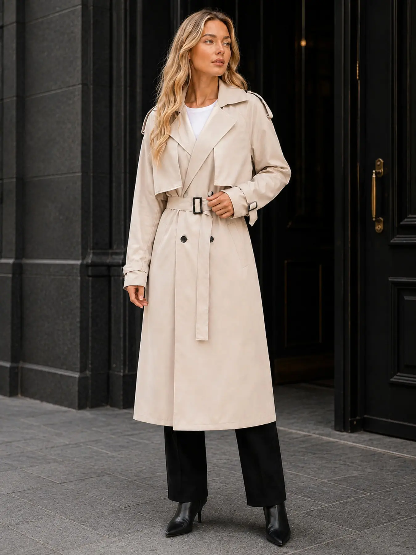 Women's Classic Long Trench Coat, Double-Breasted Long Sleeve Loose Fit Outerwear, British Style Autumn Winter Jacket, Casual Fitted Design