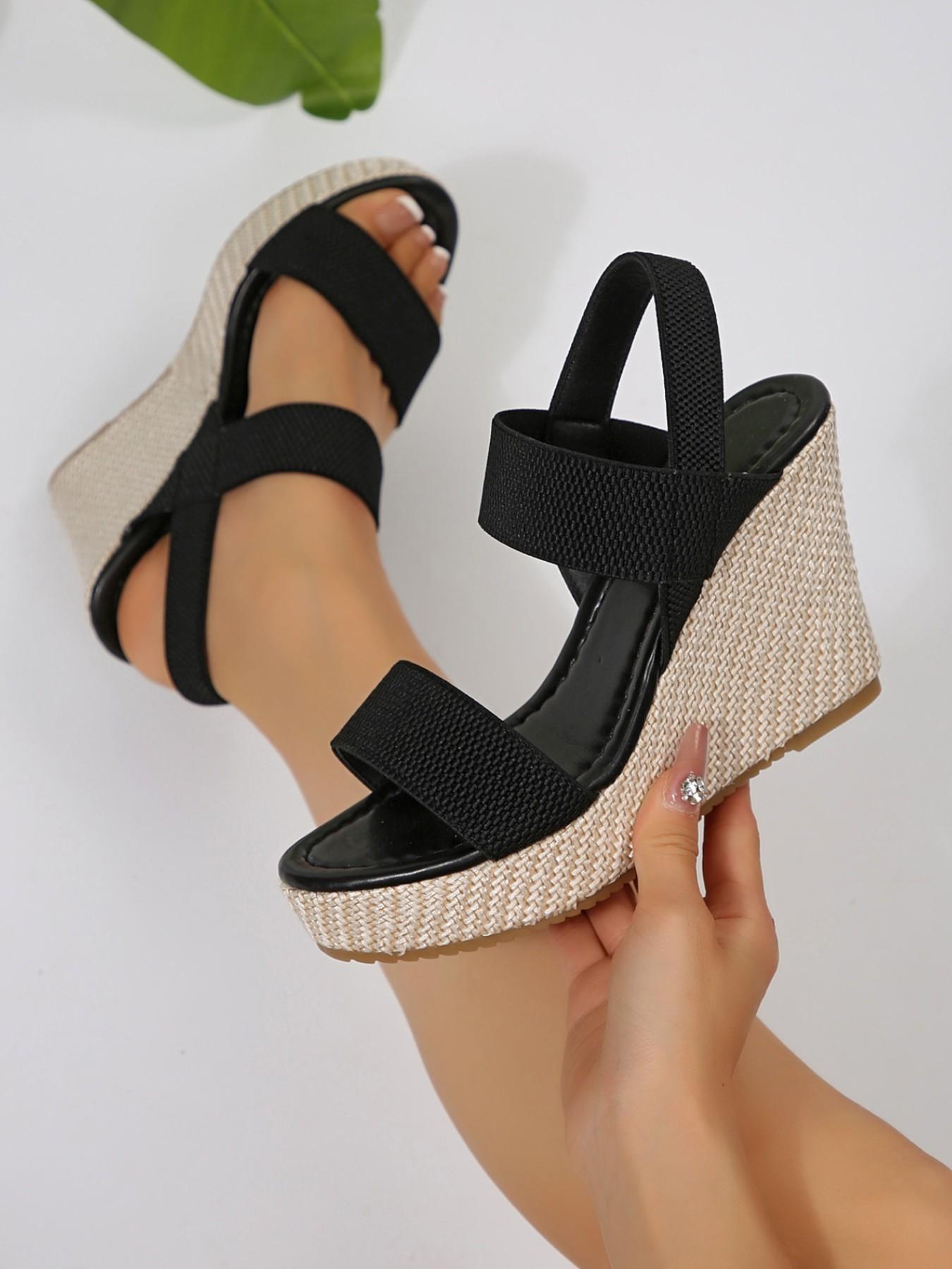 Women's Summer Wedge Sandals, Velcro Strap Textile Upper, Rubber Sole, Cross-Strap Open-Toe Thick Bottom Shoes, Vacation Casual Style