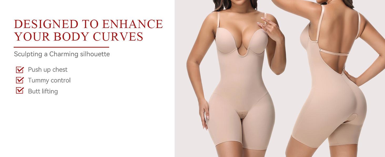 JOSHINE SHAPER Backless Shapewear Strapless Deep U Plunge Bodysuit for Women Built In Bra Tummy Control Low Back Body Shapewear Bridal Womenswear Compression Basic Black Minimalist