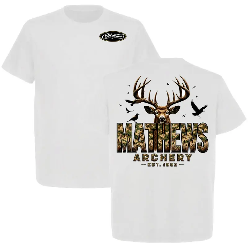 Graphic T-Shirt Mathews Archery Big Buck Whitetail Deer Camo Graphic Tee, EST 1992 Hunting Shirt With Birds, Outdoor Hunting Lifestyle Tee, Unisex Casual Streetwear Camiseta Verano Short Sleeve Shirt, Gift for Hunters and Archery Fans