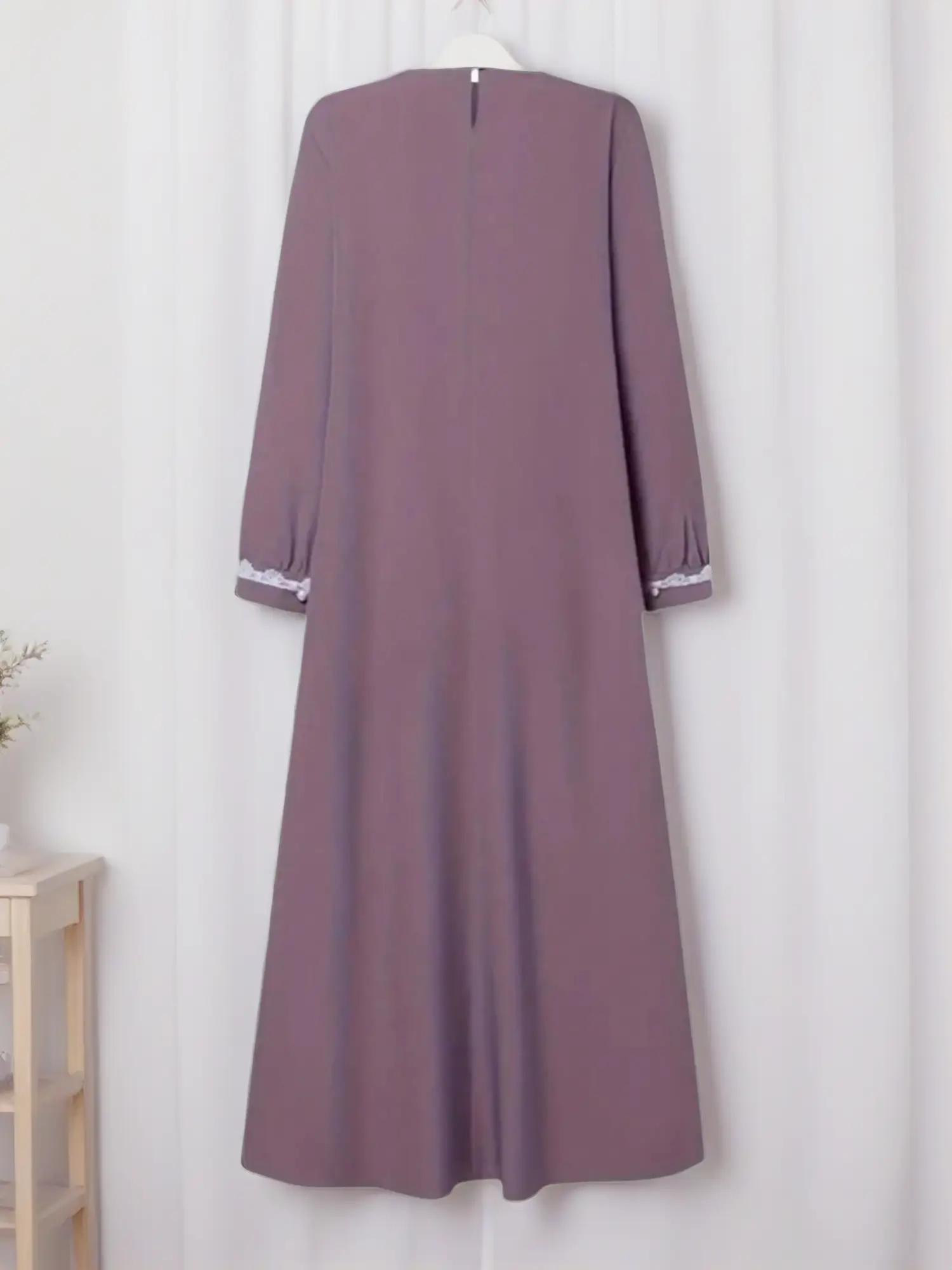 Women's Fashion Long Sleeve Round Neck Solid Color Casual Dress, Long Sleeve Dresses, Elegant Lace Trim Robe Style, Perfect for Daily Wear & Special Occasions, Muslim Outfits