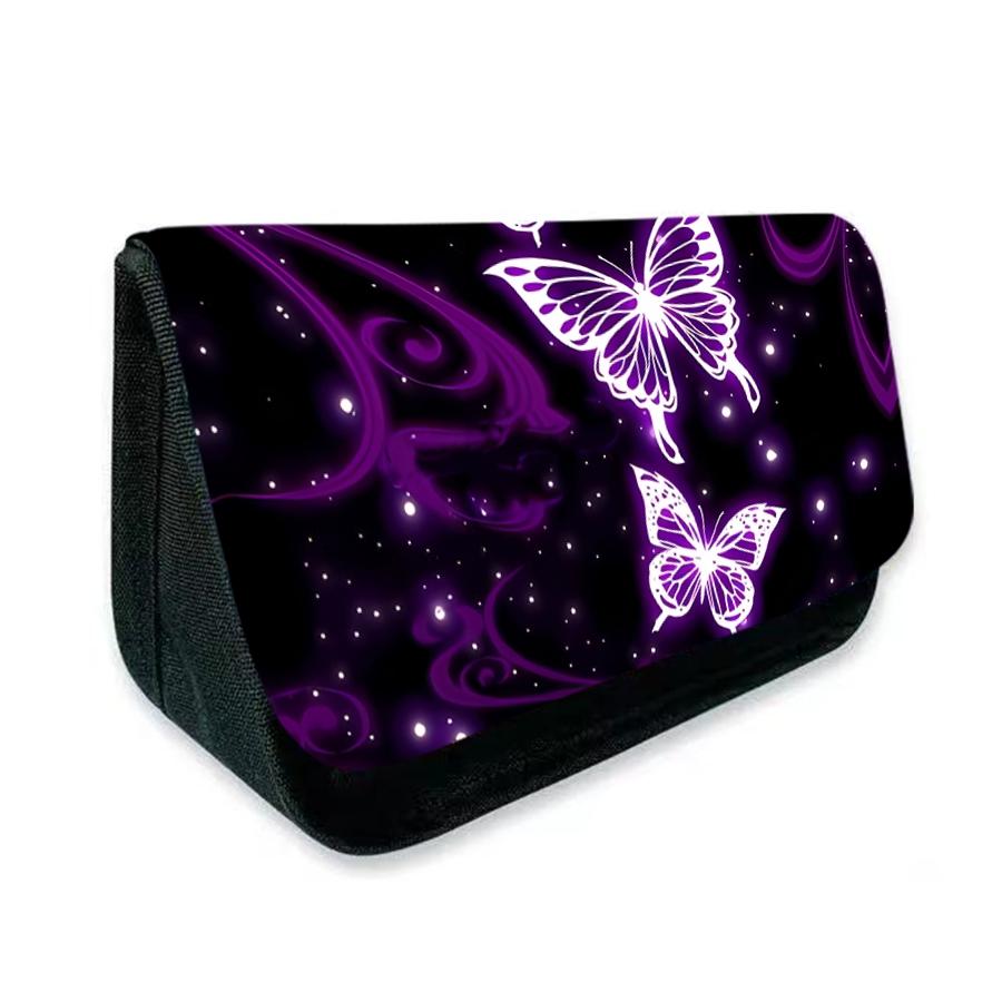 Purple Butterfly Pattern Printed Triangular Double-Layer Flap Pencil Case