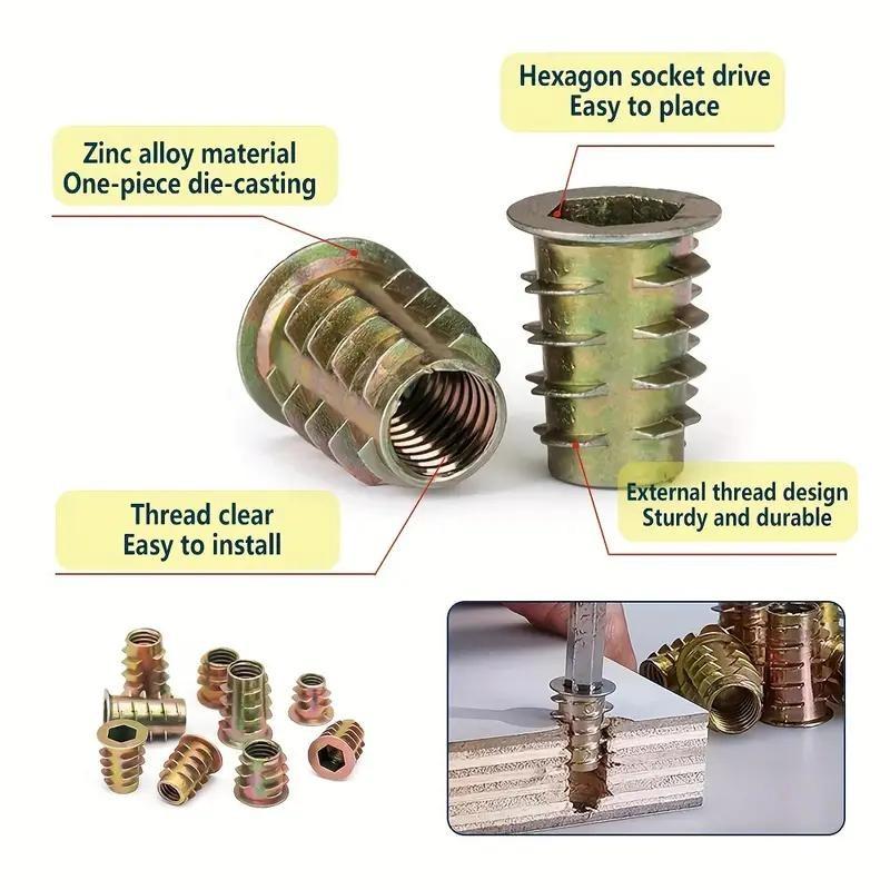 Threaded Inserts Set, 130pcs & 70pcs Nut Combo Tools for Woodworking, Durable Metal Bolts & Screws, Ideal for DIY Projects