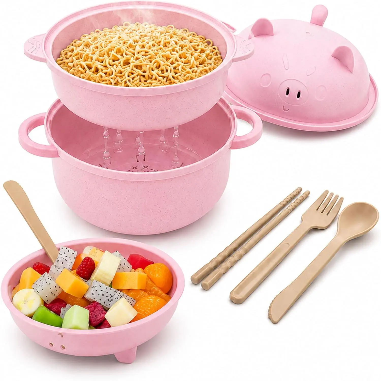 Nifogo 45oz Cartoon Pig Ramen Cooker Bowl Set, Microwave Safe Wheat Straw Noodle Bowl with Strainer Lid & Full Cutlery, Dorm College Apartment Kitchen Essentials #back to school #dorm essentials #home essentials