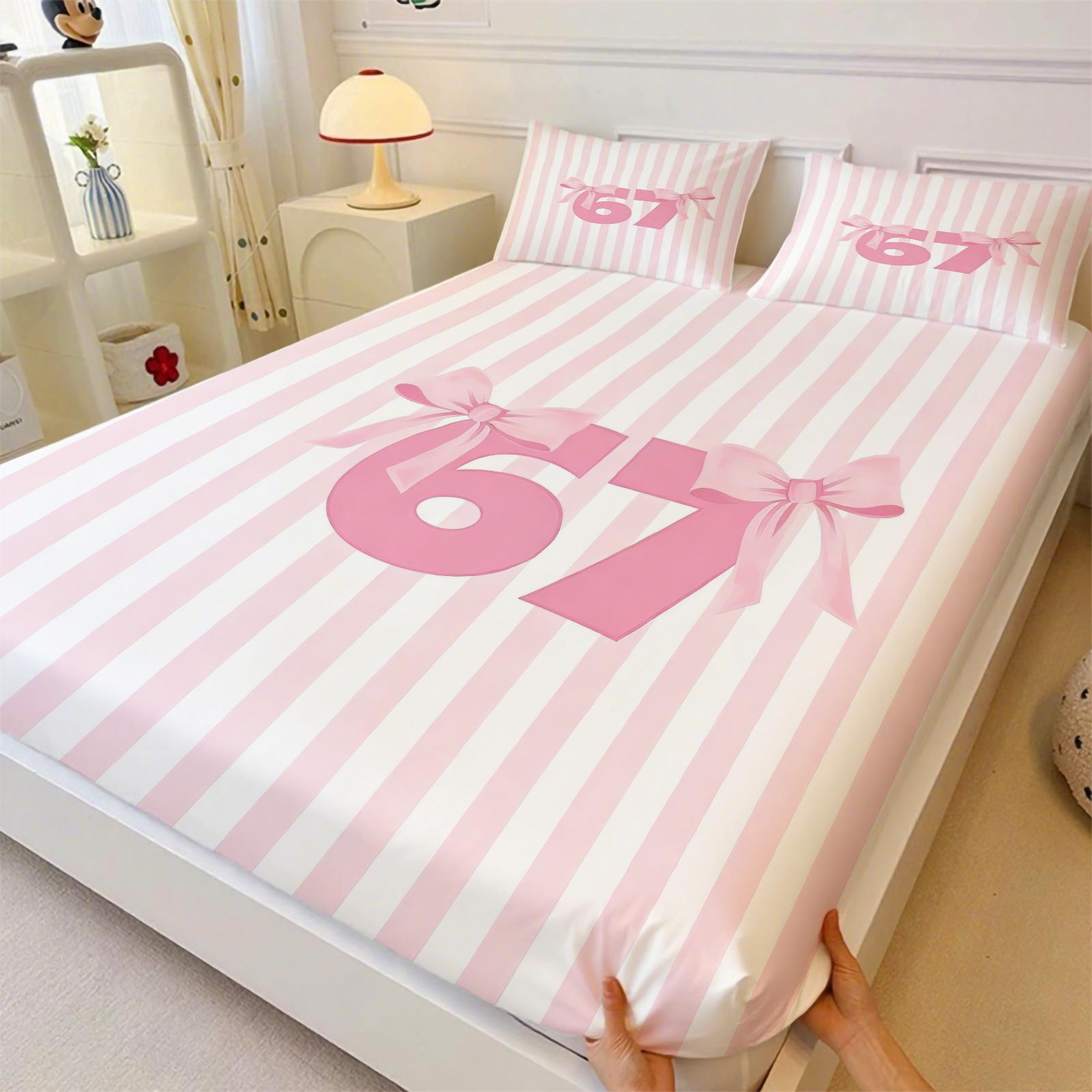 Girly-Style 67 Number Meme Limited Fitted Sheet Set (2 Pillowcases Included) | Soft & Comfortable, Creative Trendy Gift, Home Personality Highlight Bedsheet Sets