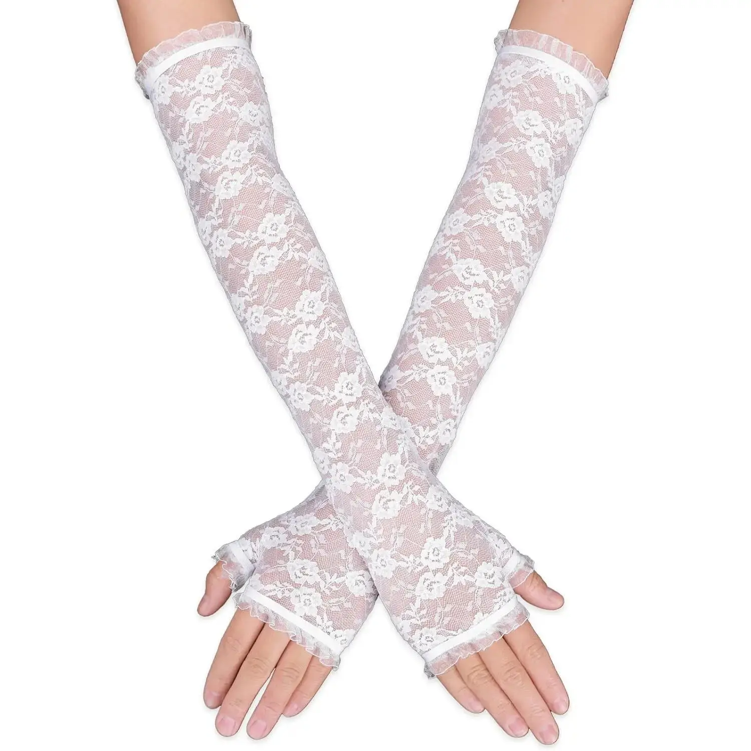 Women's Long Lace Fingerless Elbow Length Floral Gloves for Wedding, Opera, Party