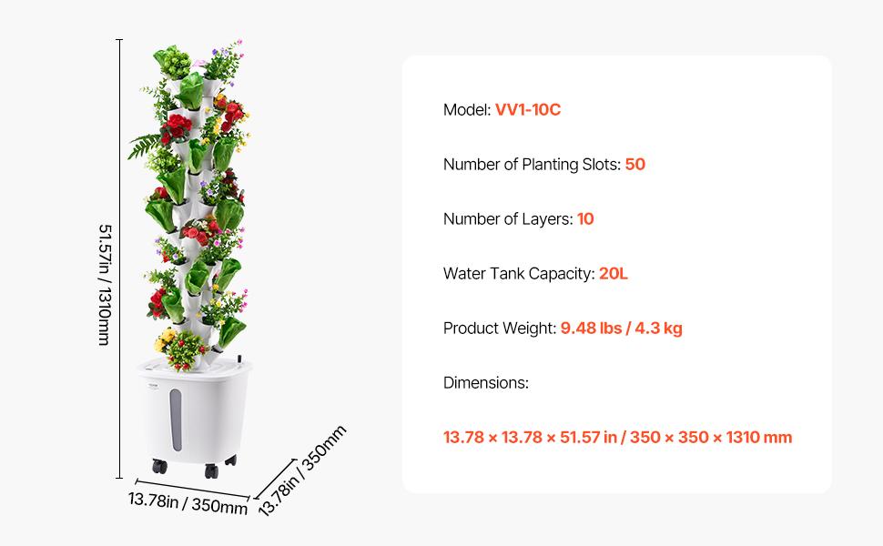 VEVOR Hydroponic Growing System, 50 Pods Vertical 10 Tiers Hydroponic Tower, Rolling Hydronic Garden with Water Pump Wheels, Indoor Plants Germination Kit for Herbs Fruits Vegetables