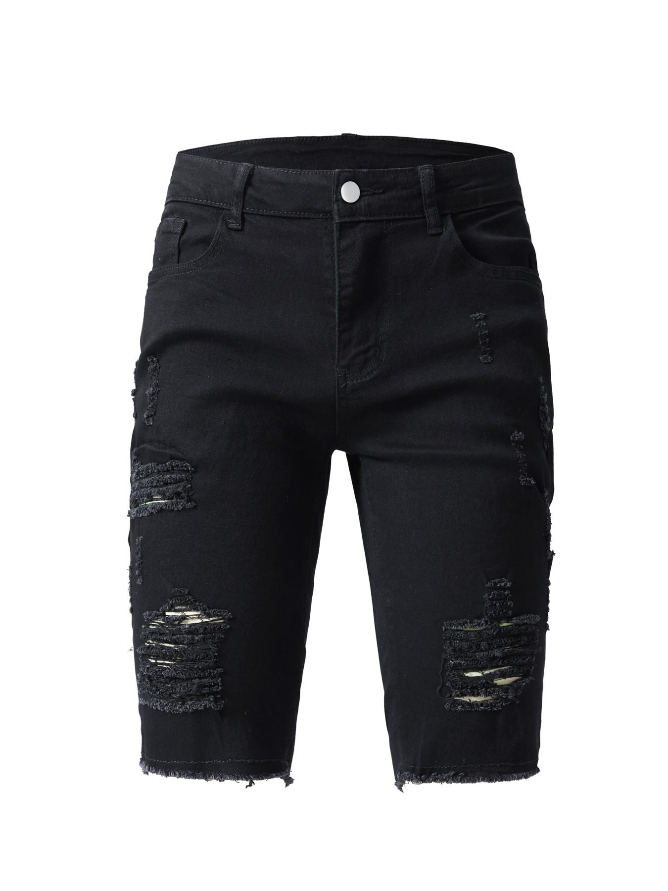 Men's Summer Washed Denim Shorts, Large Ripped Hem, Slim Fit Straight Leg, Streetwear Hip Hop Casual Five-Quarter Pants