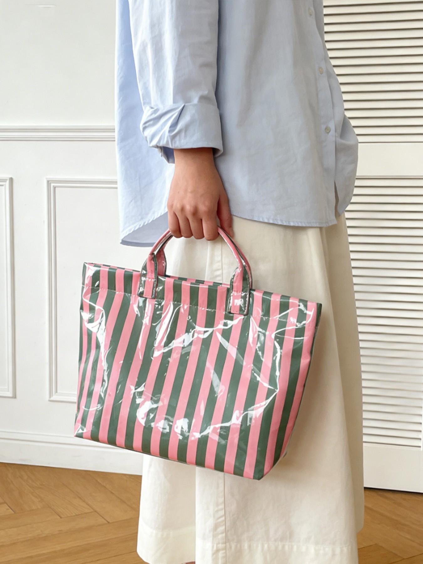 2026 New Striped Handbag Tote Bag, Large Capacity Shopping Bag, PVC Waterproof Fabric, Velcro Closure, Ideal for Daily Commute, Beach Vacation, Travel