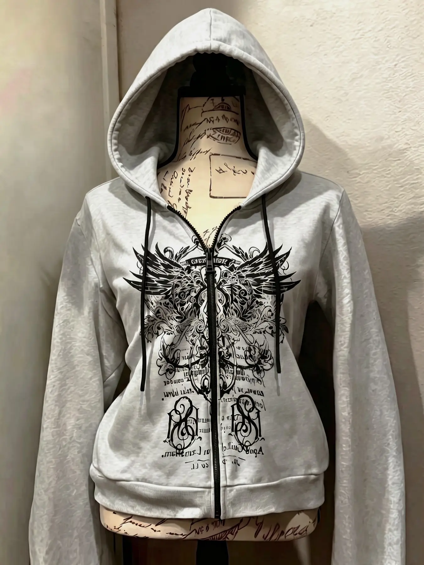 Comfy Fabric Y2K Goth Punk Streetwear Winter Vintage Graphic Wings Print Zip‑Up Hoodie, Dark Alt Emo Casual Warm Loose Fit Outerwear For Women, For Party Club Daily Going‑out Street Style, Soft Relaxed Silhouette Retro Women Top #Y2KClothing #GothFashion