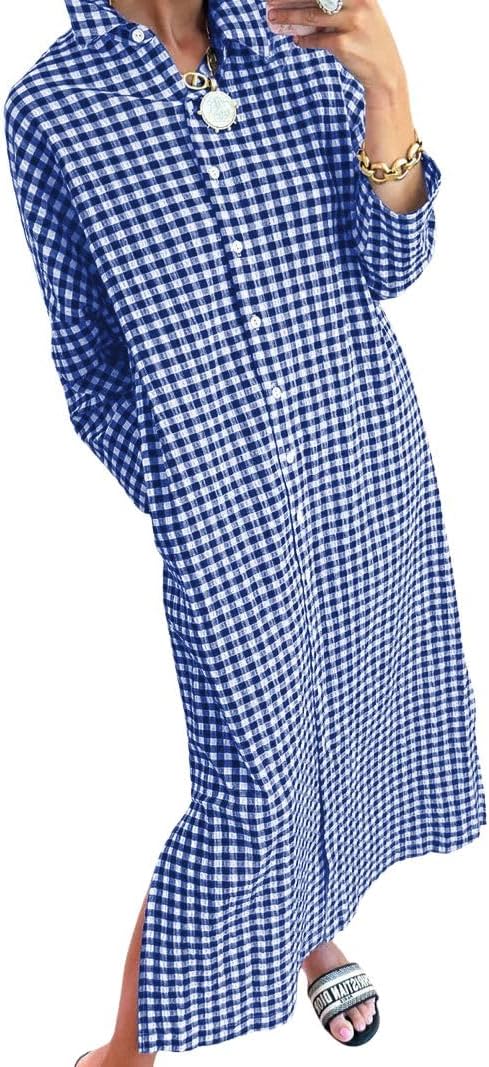 Women's Casual Loose Button Down Plaid Shirt Dress Long Sleeve Side Slit Cotton Gingham Maxi Dress