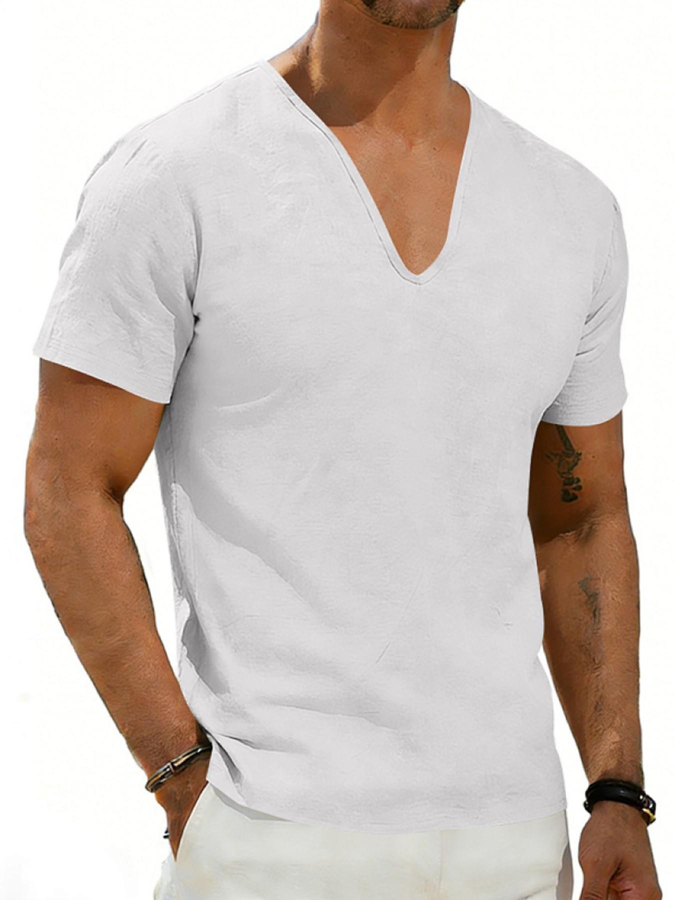 Men's Summer Loose Fit Linen T-Shirt, Breathable Deep V Design, Casual Short Sleeve Top, American Style, Cross-Border Fashion
