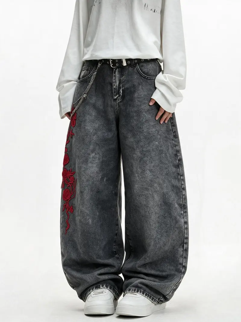 Men's Rose Embroidered Wide Leg Jeans, Vintage Washed Loose Fit Streetwear, Trendy Hip-Hop Long Pants, All Seasons Fashion