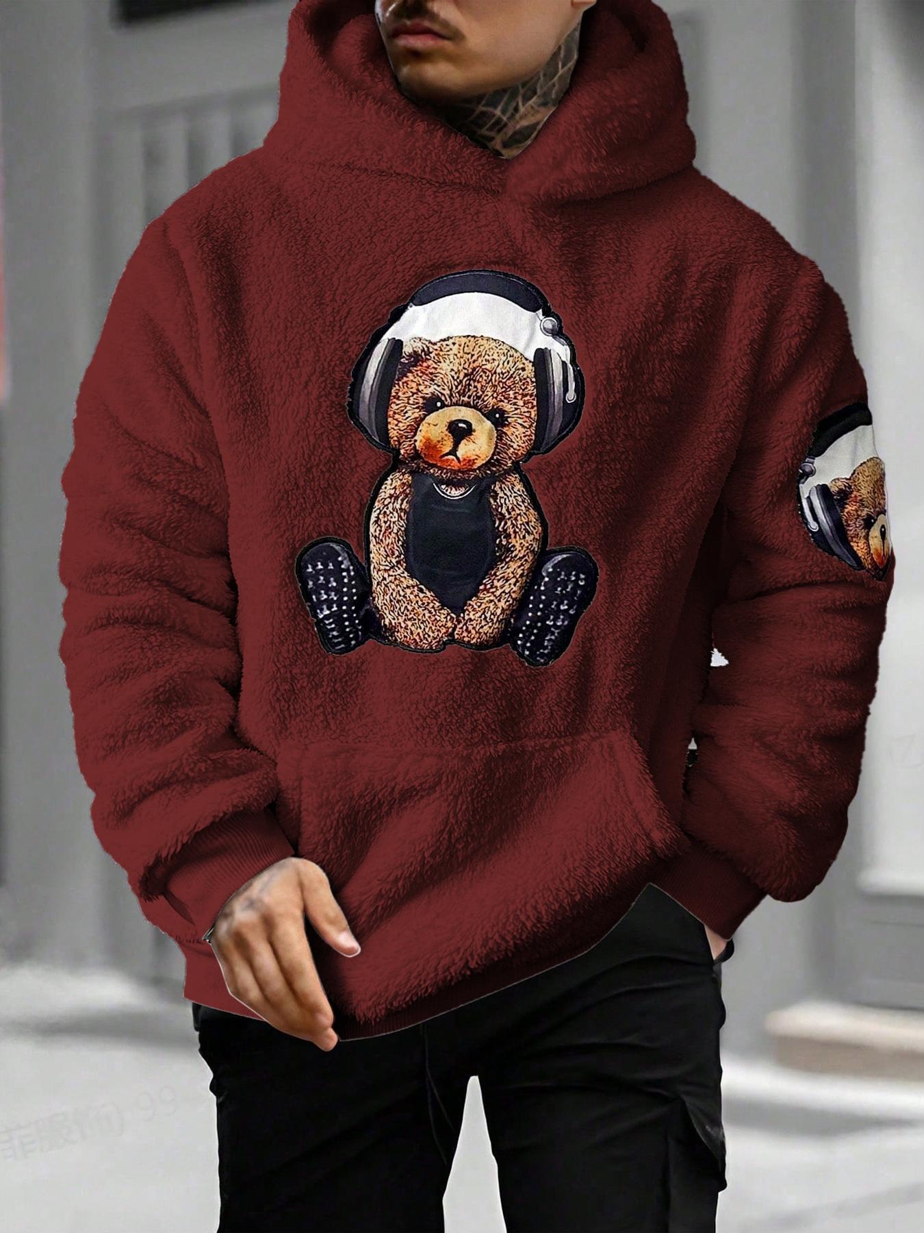 Men's Cartoon Bear Embroidery Pocket Fuzzy Knitted Hoodie, Fitted Casual Long Sleeve Hooded Sweatshirt for Fall & Winter, Men's Clothes for Daily Wear