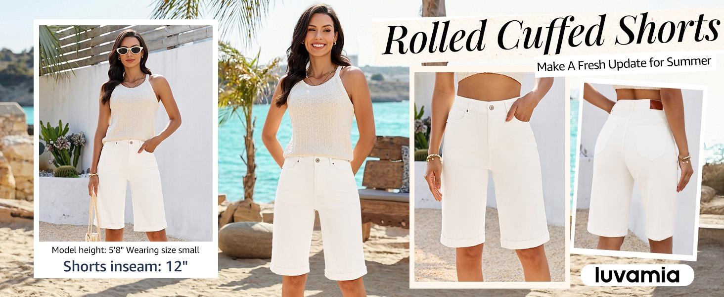 luvamia Bermuda Jean Shorts for Women Knee Length High Waisted Rolled Hem Casual Summer 12'' Inseam Long Denim Shorts