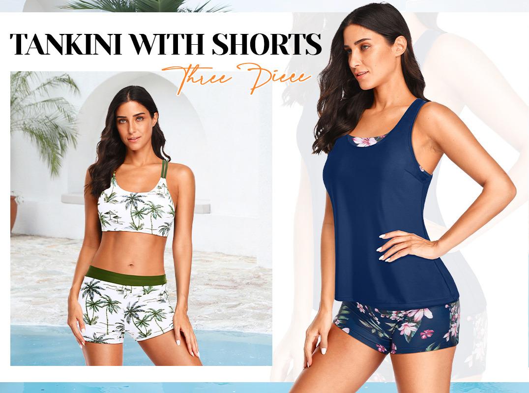 Holipick Three Piece Tankini Set Swimsuits for Women Bathing Suits Swim Tank Top with Bra Boy Shorts Teens Girls Swimwear