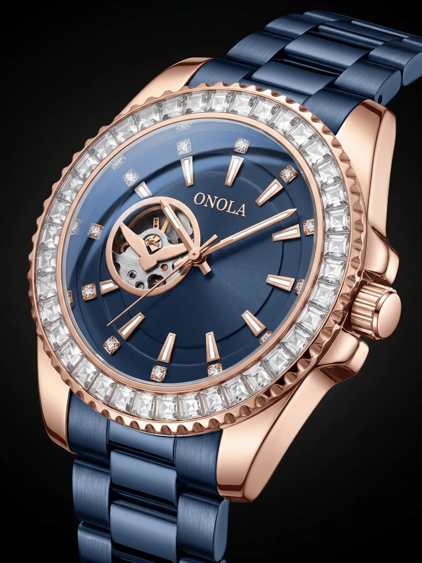 ONOLA Men's Mechanical Watch Automatic Diamond Watch Men Round Skeleton  Watch Crystal Diamond Bezel Half Hollow Dial Stainless Steel Metal Band Business Luxury Wristwatch For Men