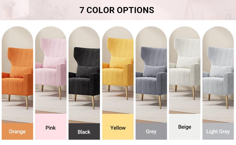 Velvet Accent Chair Wingback for Living Room, High Back Arm Chair with Golden Legs Lumbar Pillow, Upholstered Single Sofa Bedroom Beige