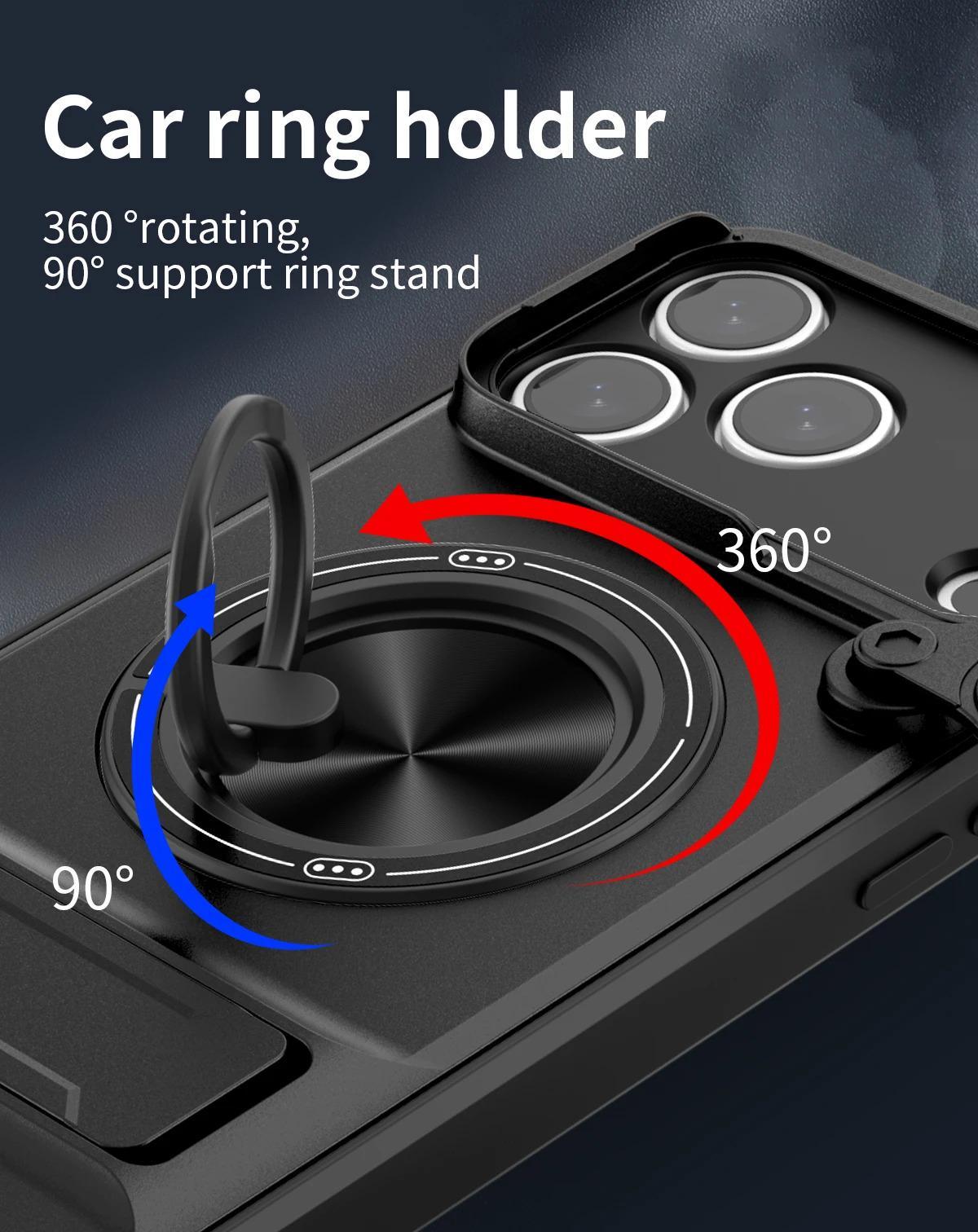 Phone Case: 3pcs Set[1 Phone Case+2 Screen Protectors] Luxury Multi-Functional Creative Push Window Rotating Ring Stand Phone Case Compatible with iPhone 17 16 15 14 13 12 11 Pro Max Plus Durable Fashion Magnetic Wireless Charging Shockproof Lens
