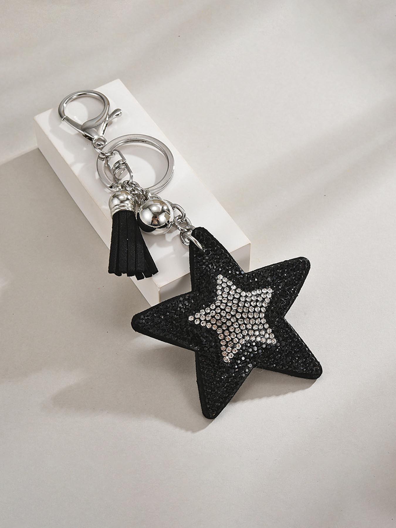 Elegant Two-Tone Rhinestone Star Sequin Keychain, Boho Style Beach Bag Charm, Dual-Sided Design, Fringe Key Ring Accessory