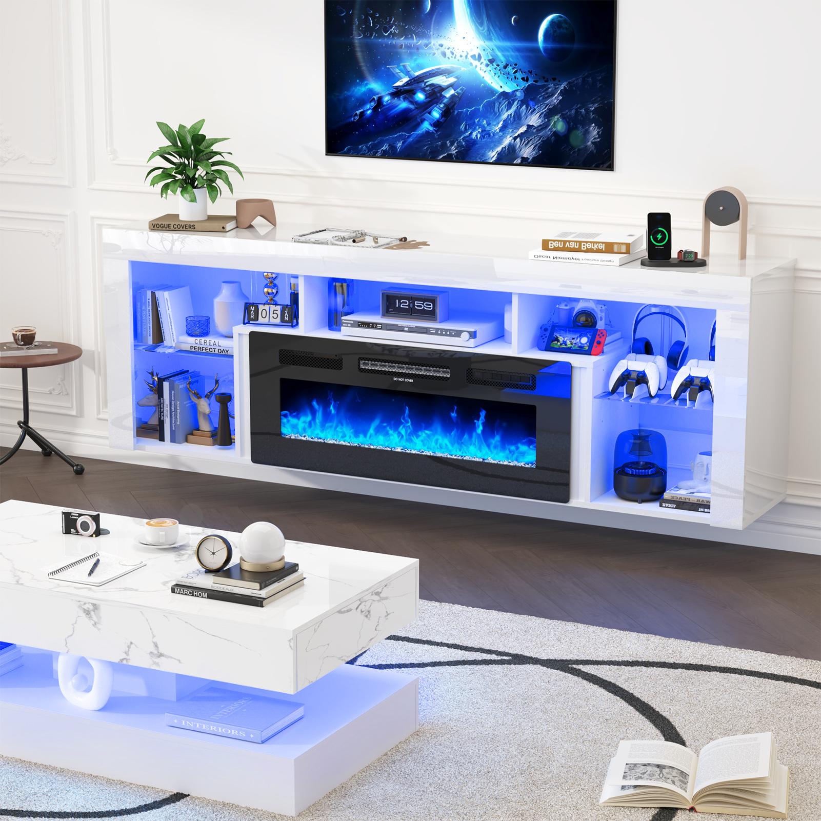 【2Packages Shipping】71" Floating Fireplace TV Stand for up to 85" TVs, Modern High Gloss Entertainment Center w/40 Electric Fireplace, Charging Station&LED Lights, Fireplace TV Media Console w/Storage, Black/white
