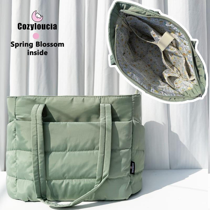 CozyLoucia Cute Puffer Tote Bag for Women Pink Flower Print Interior Laptop Shoulder Handbag, Lightweight Best Tote Bag for Work with Multiple Compartments for Travel , Work  and School ,Christmas Gift Ideas