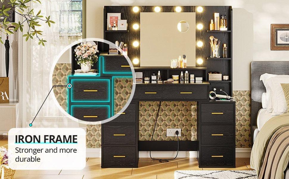 Sikaic Glass Top Makeup Vanity with Mirror and LED Lights, 10x Magnifying Mirror & Power Outlet, big Vanity Desk with 8 Drawers & 6 Shelves, 3 Light Settings Sikaic Glass Top Makeup Vanity with Mirror and LED Lights, 10x Magnifying Mirror & Power Outlet, big Vanity Desk with 8 Drawers & 6 Shelves, 3 Light Settings