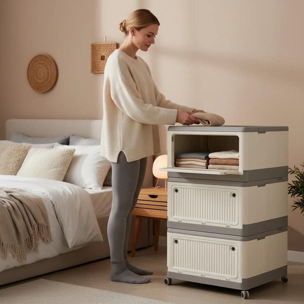 Modular Foldable Storage Box with Wheels | Stackable Design & Dustproof Lid | For Bedroom, Closet & Small Spaces | Collapsible Storage Organizer