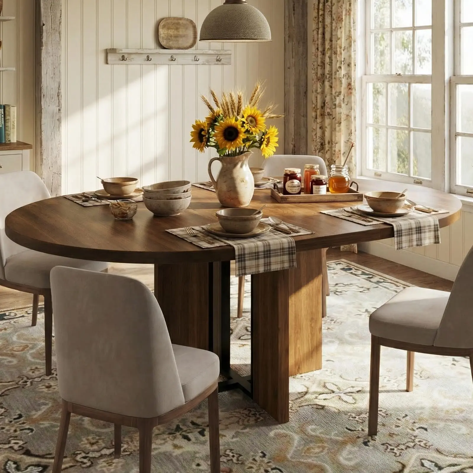47"-63" Extendable Dining Table for 4-8, Farmhouse Round to Oval Kitchen Table with Arched Legs, Sturdy Metal Frame, Space Saving, Walnut