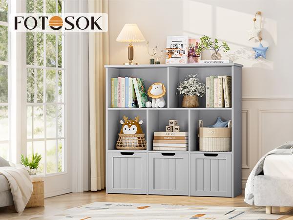 FOTOSOK Toy Storage Organizer with 3 Movable Drawers, Toy Organizer with Hidden Wheels and 5 Open Cubbies, Multifunctional Floor Storage Chest for Playroom